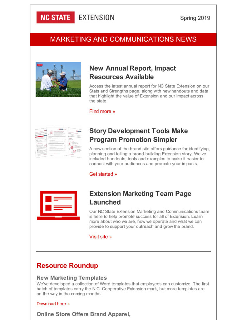 NC State Extension Marketing and Communications newsletter cover for Spring 2019