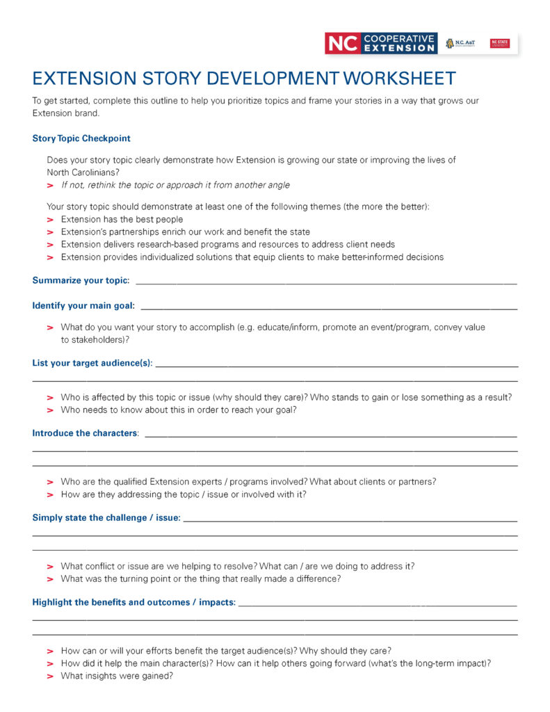 Story development worksheet for N.C. Cooperative Extension