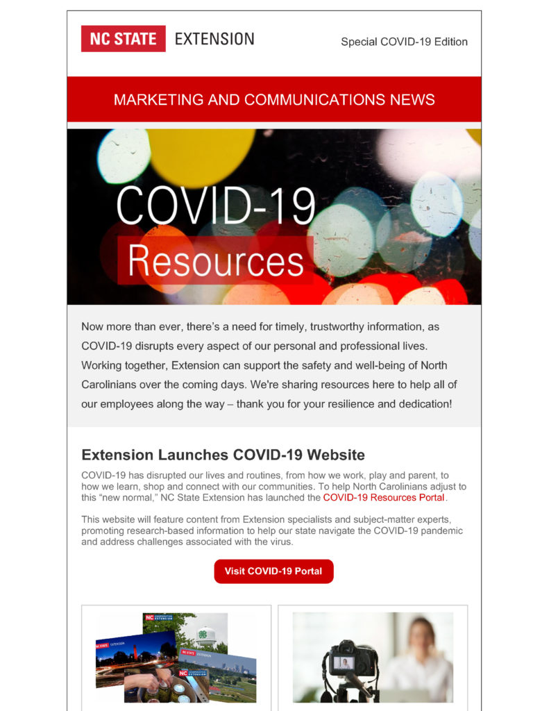 Screenshot of the first page of the NC State Extension Marketing and Communications special edition newsletter with COVID-19 resources.