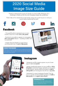 Infographic chart illustrating the appropriate image sizes for use on various social media channels like Facebook and Instagram.