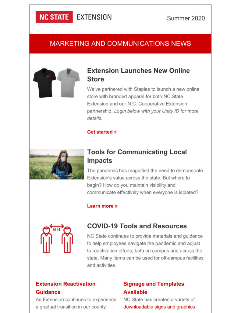 First page of the Summer 2020 edition of NC State Extension's Marketing and Communications employee newsletter