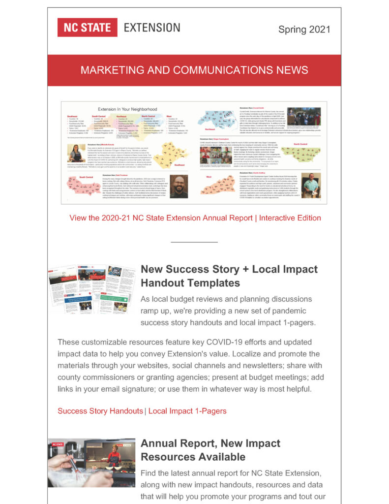 First page of the Spring 2021 edition of NC State Extension's Marketing and Communications employee newsletter