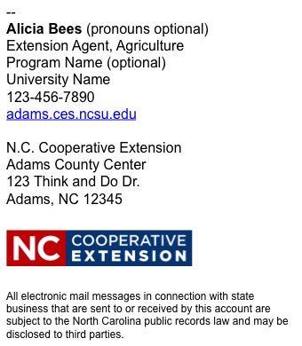 North Carolina Cooperative Extension employee email signature long example