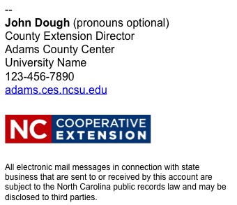 North Carolina Cooperative Extension employee email signature short example