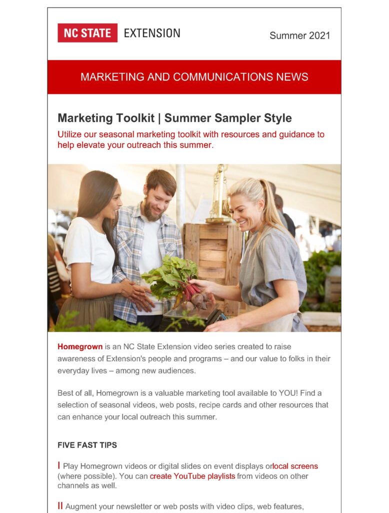 View the first page of the NC State Extension marketing and communications newsletter for summer 2021.