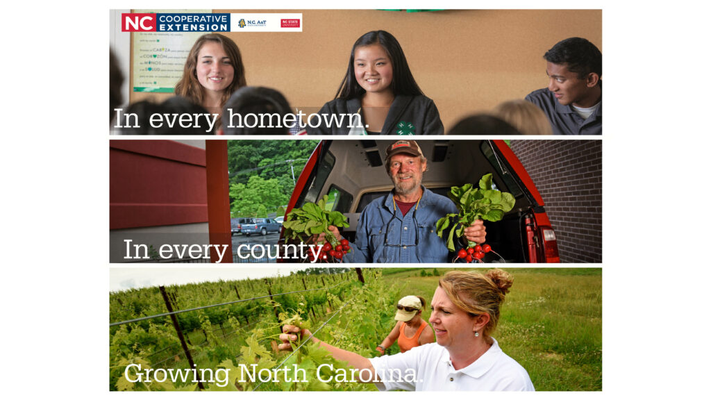 A Backdrop display that says N.C. Cooperative Extension is In Every Hometown and Every County Growing North Carolina.